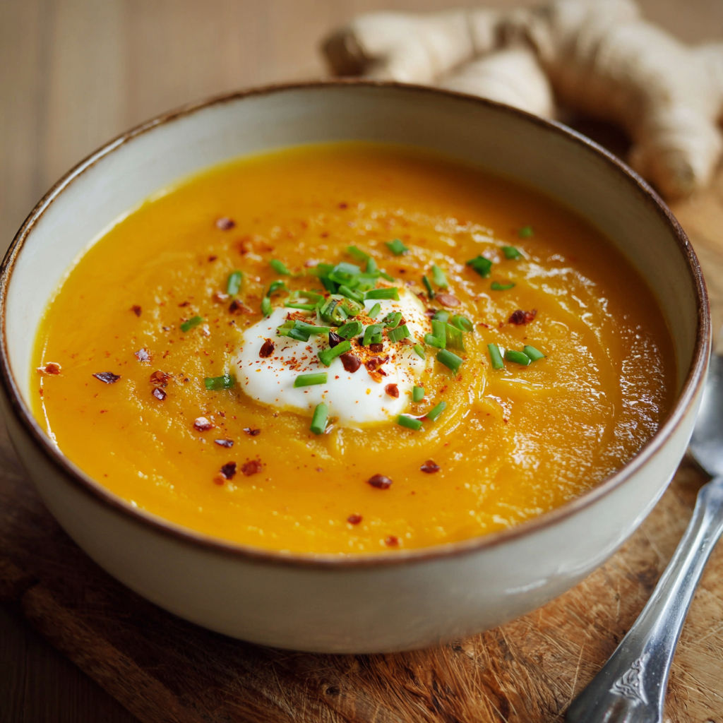 A bowl of soup with a dollop of cream on top.