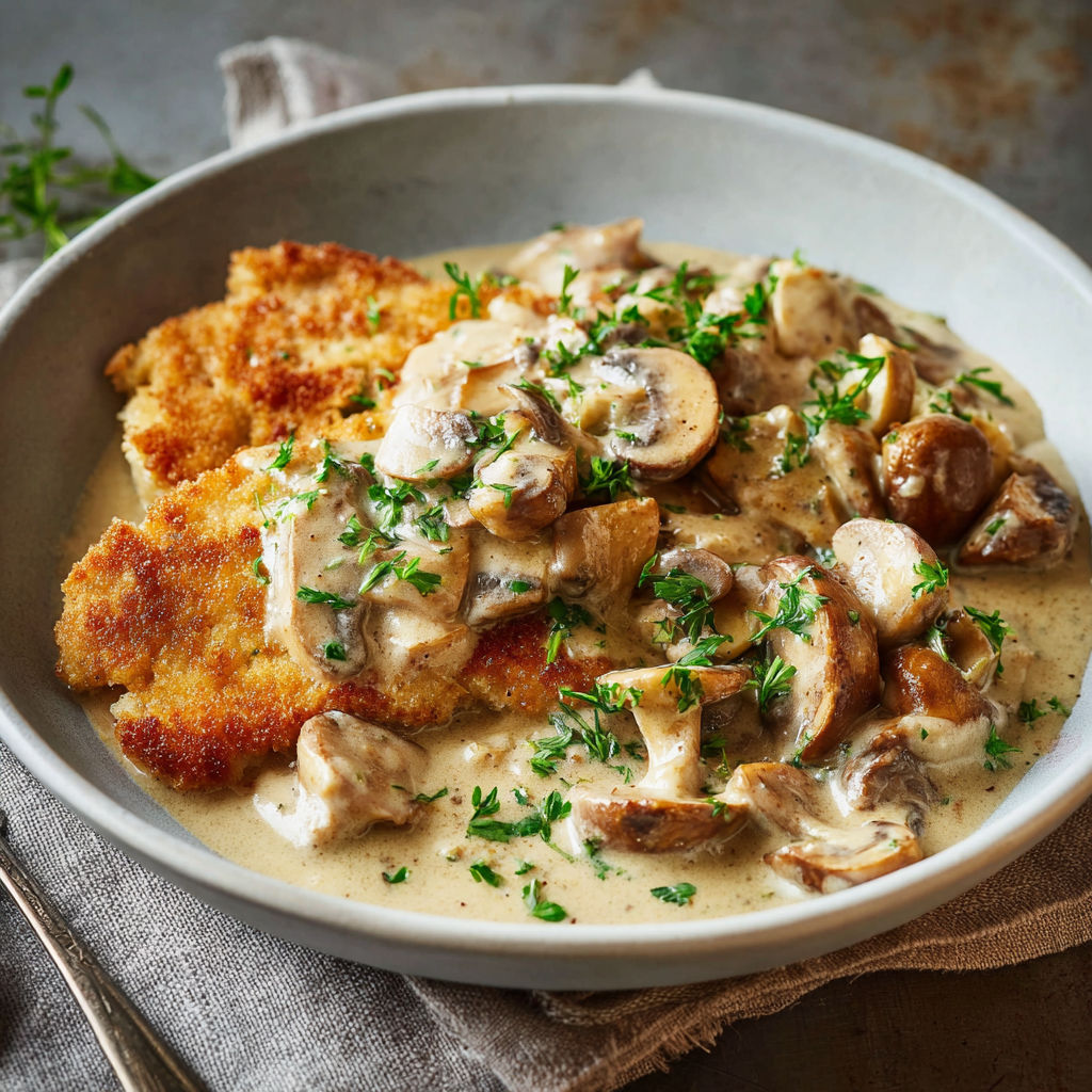 A bowl of Zürcher Geschnetzeltes with mushrooms and herbs.