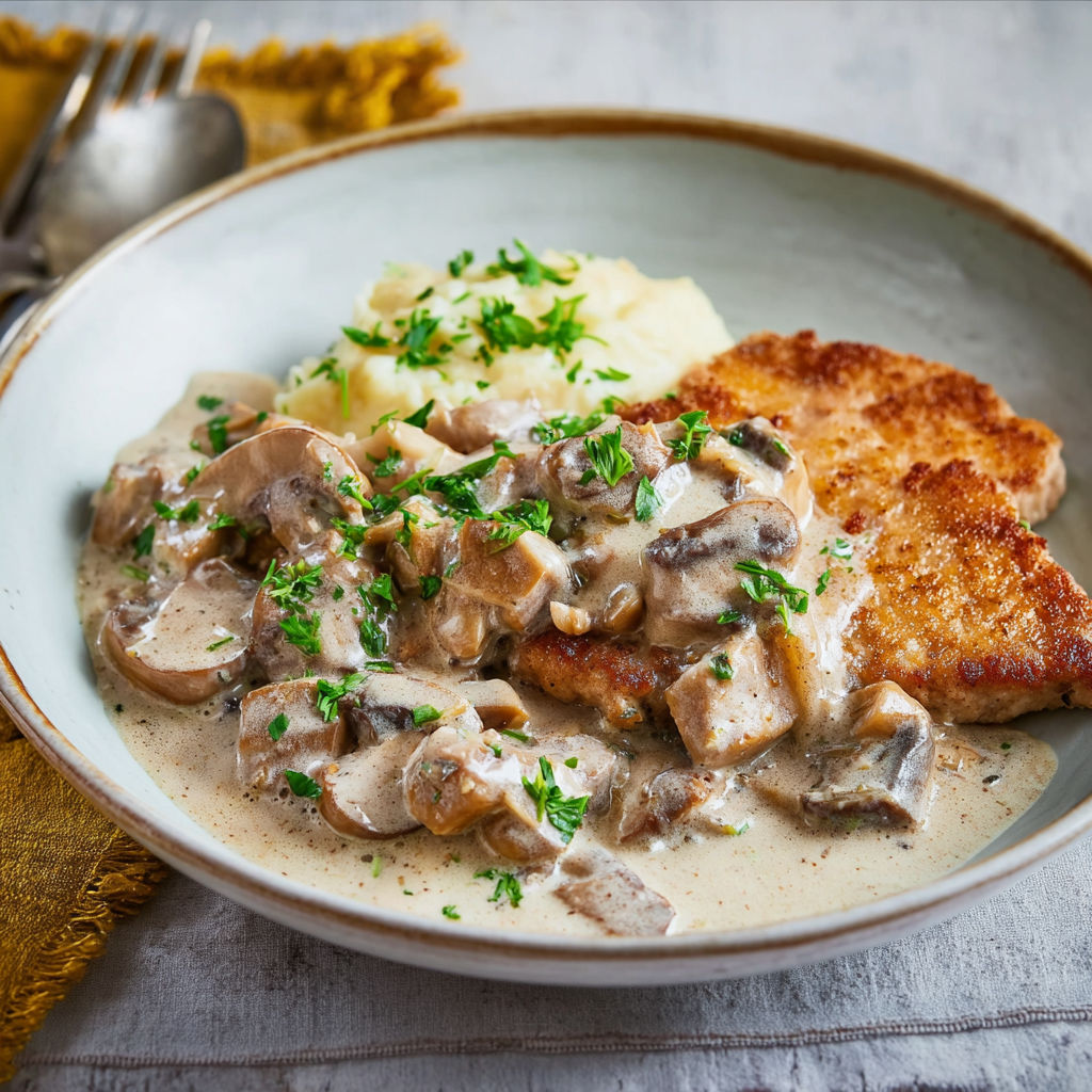 A plate of food with mushrooms and potatoes.