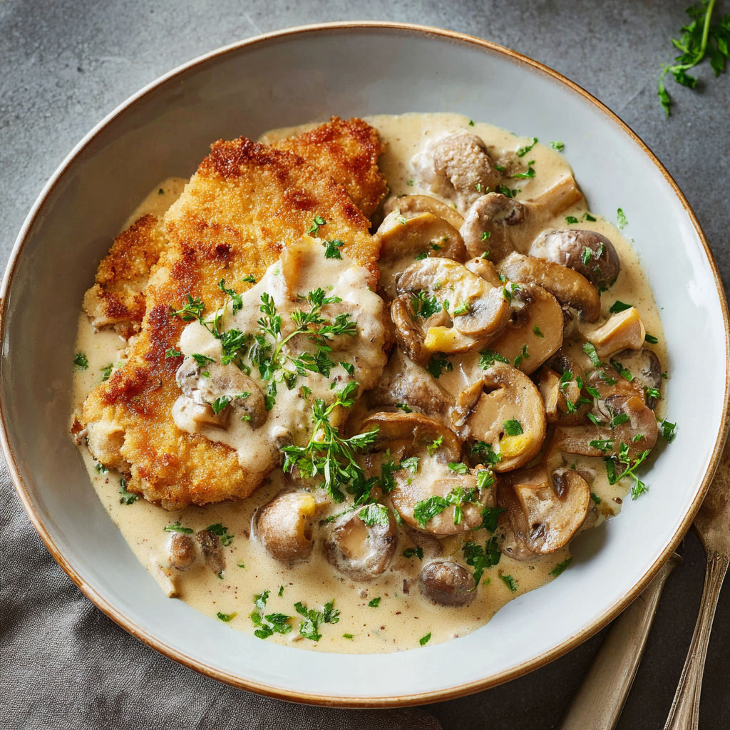 A plate of food with chicken and mushrooms.