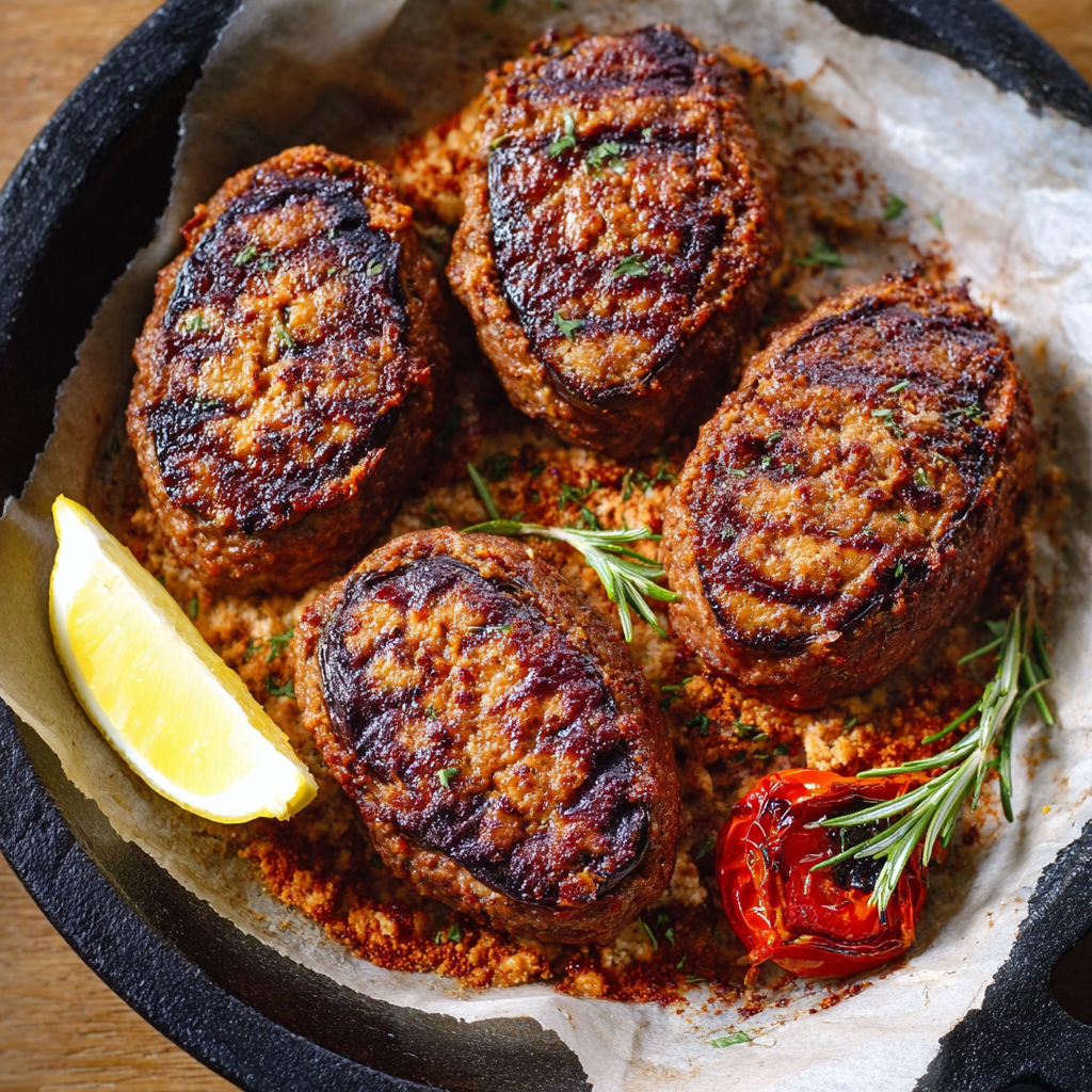 A plate of meat with a lemon on top.