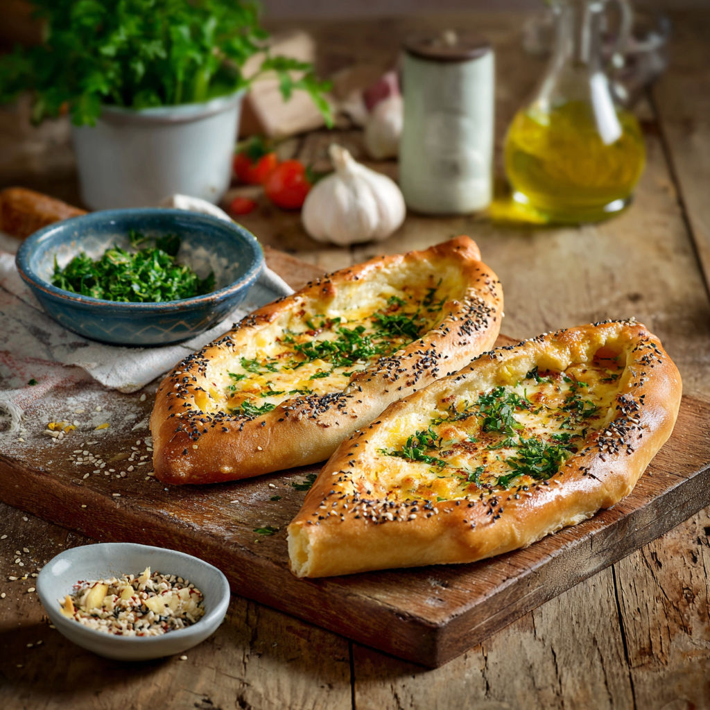Mozzarella pide on a wooden table.