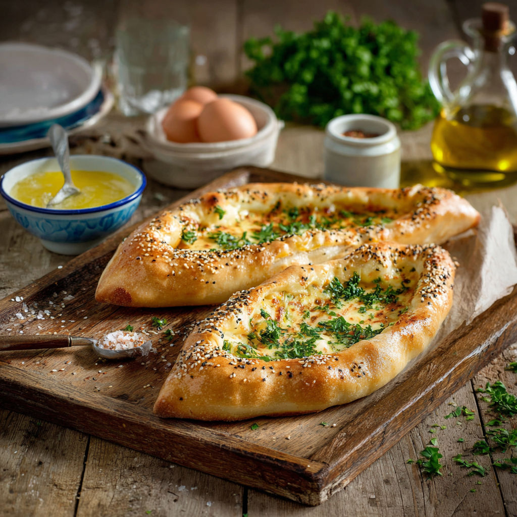 Two mozzarella pide on a wooden board.