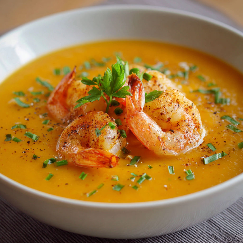 A bowl of soup with shrimp and herbs.