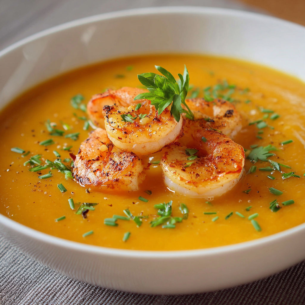 A bowl of soup with shrimp and herbs.
