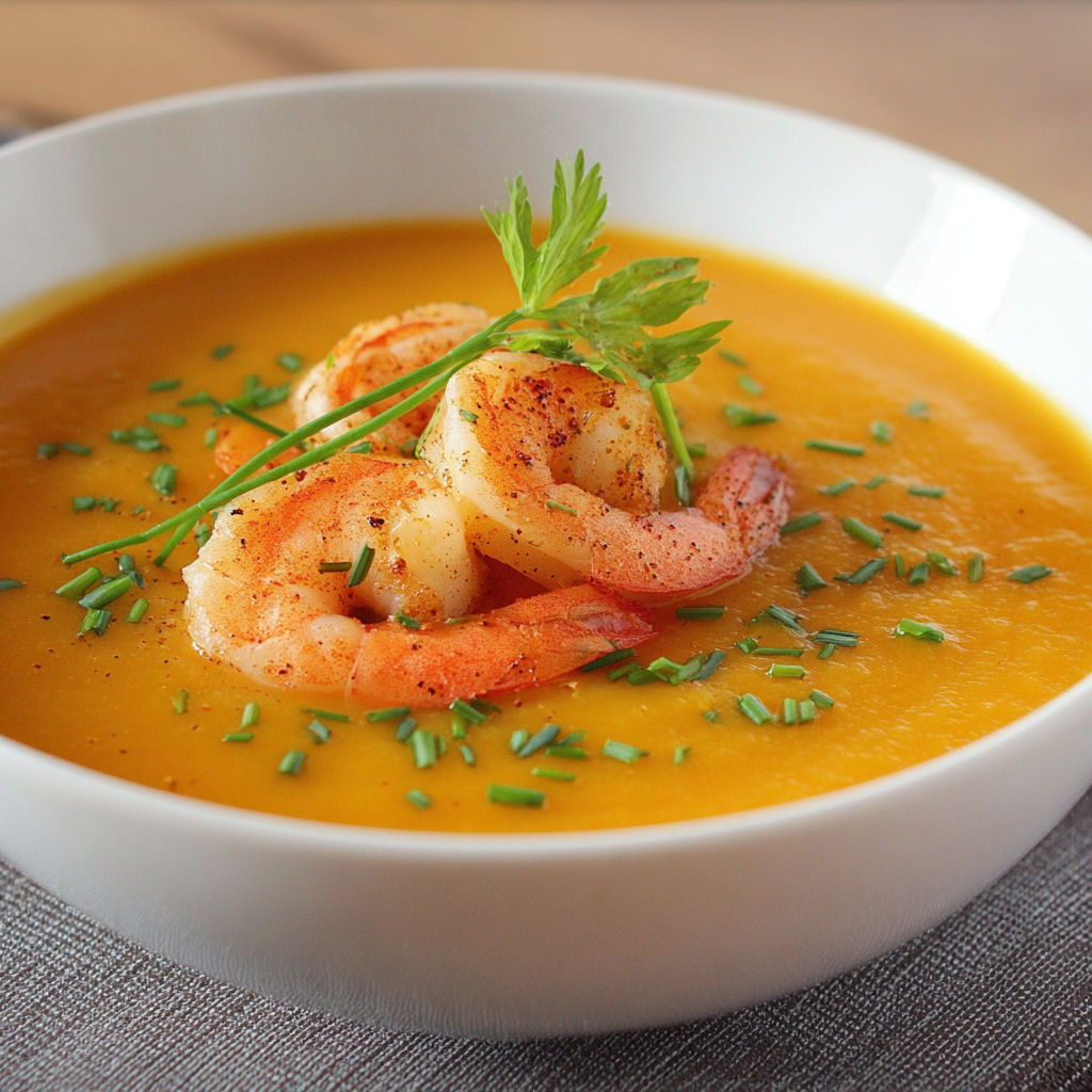 A bowl of soup with shrimp and herbs.