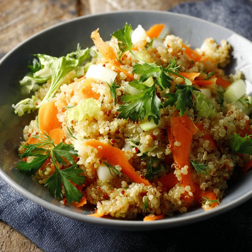 A bowl of quinoa salad with carrots and onions.