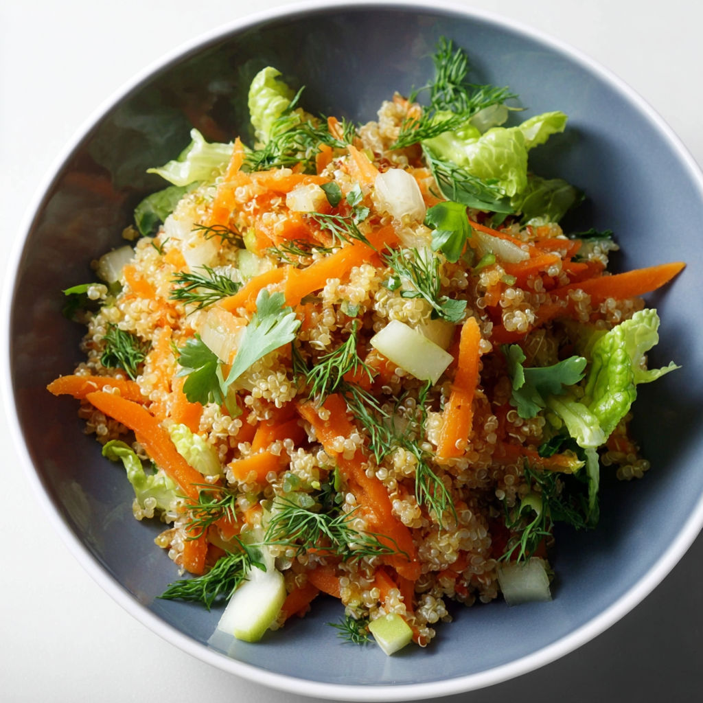 A bowl of quinoa salad with carrots and parsley.