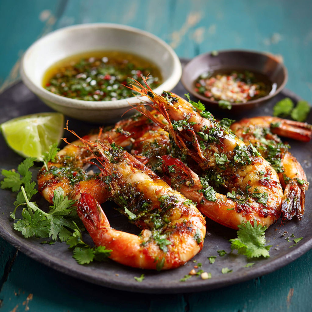 A plate of shrimp with a dipping sauce.