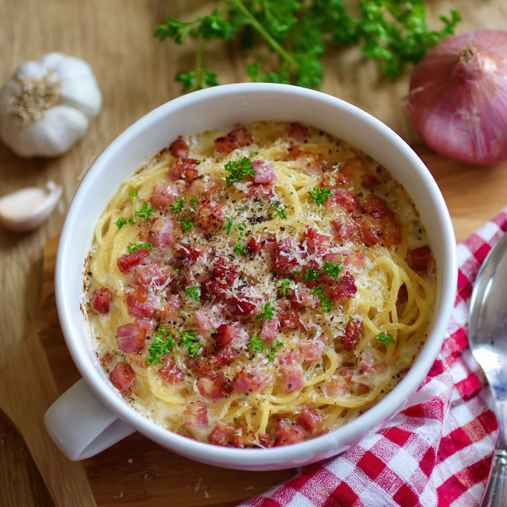 A bowl of pasta with ham and cheese.