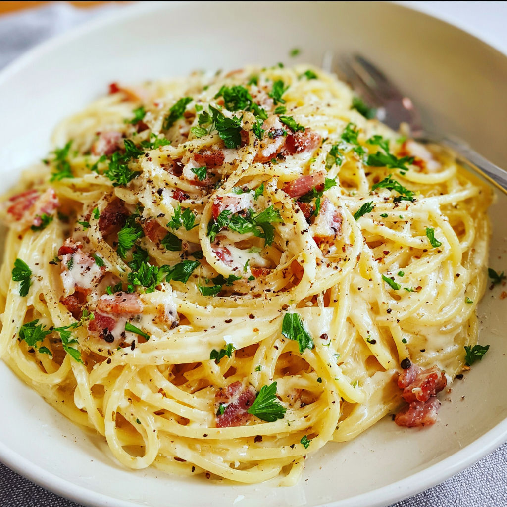 A bowl of spaghetti carbonara with meat and cheese.