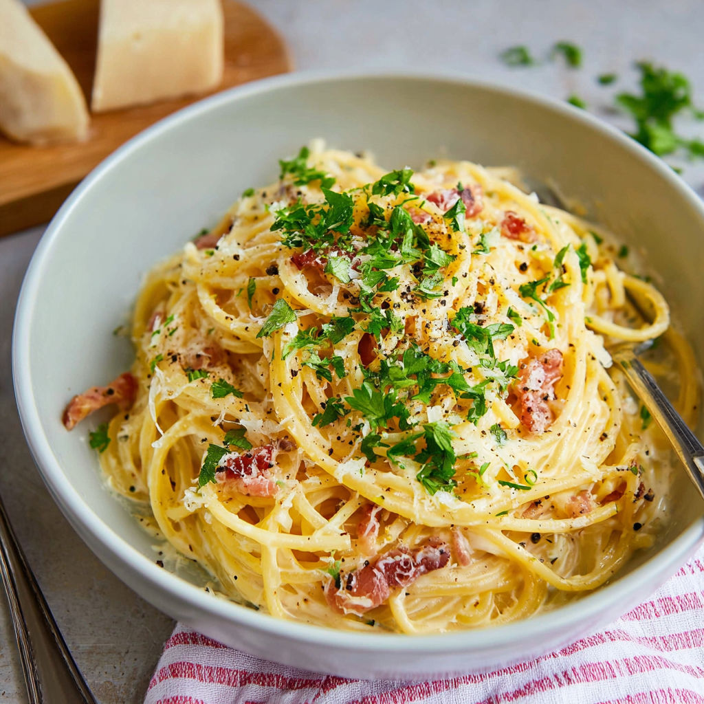A bowl of spaghetti carbonara without eggs.