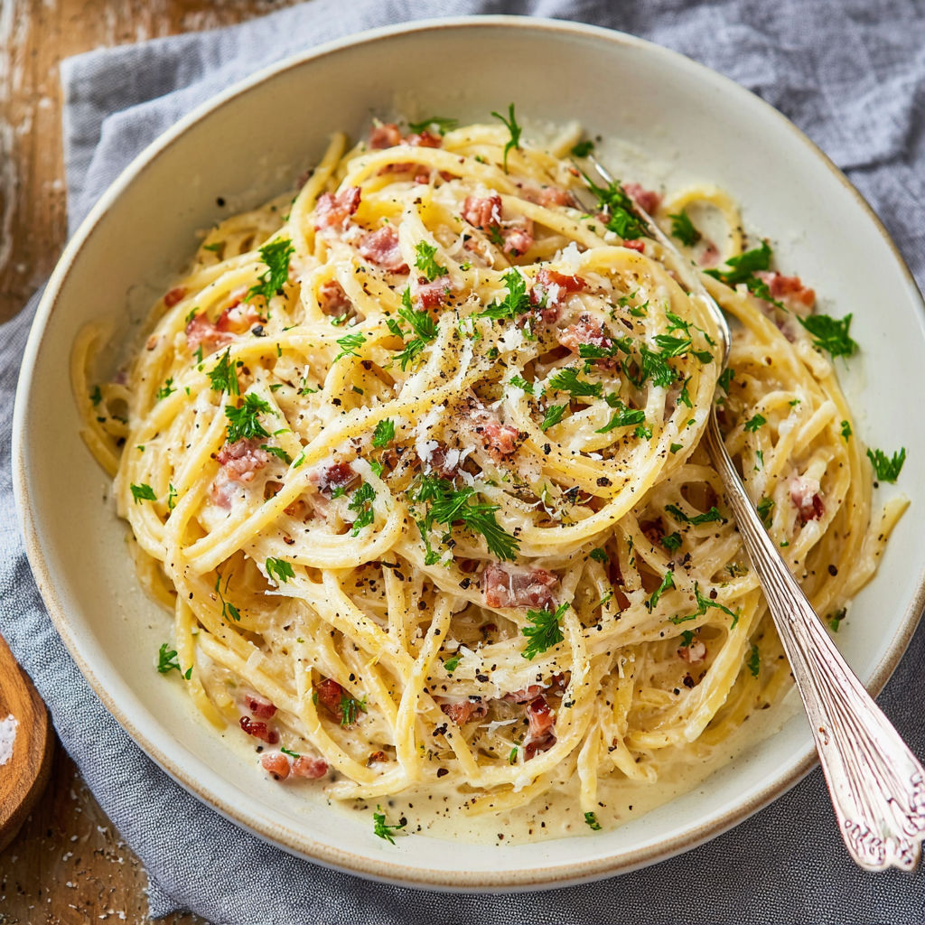 A bowl of spaghetti carbonara without eggs.