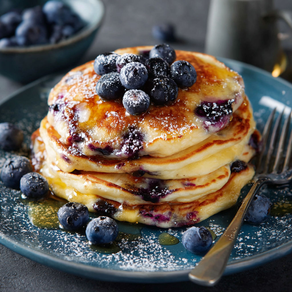 A stack of blueberry pancakes.