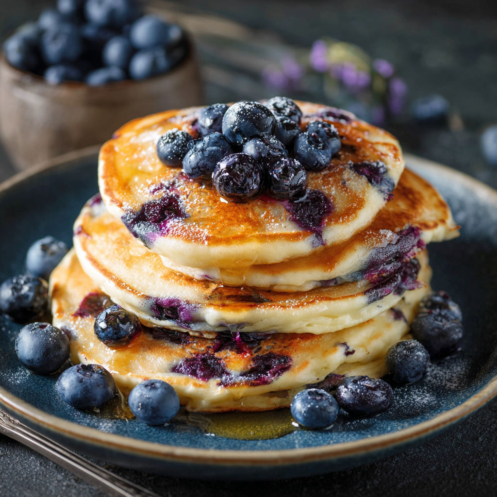 A stack of pancakes with blueberries on top.
