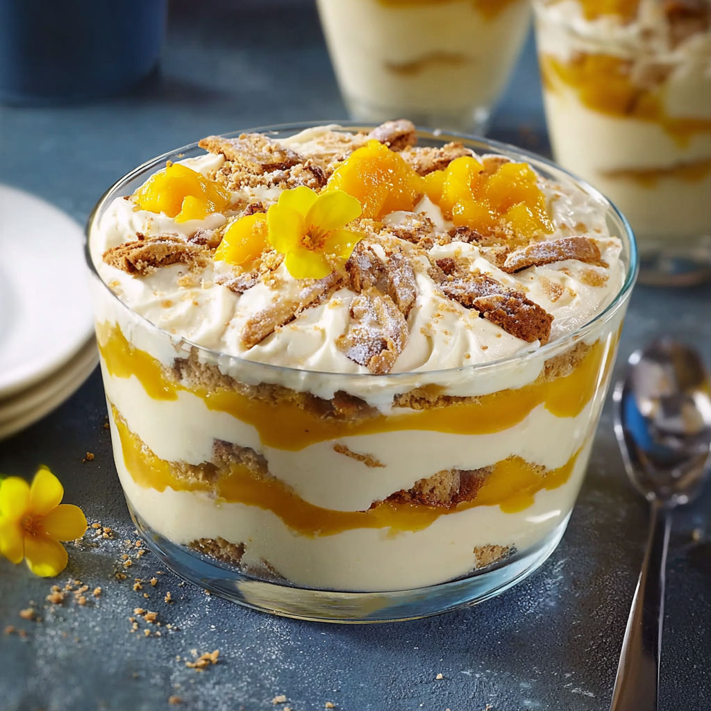A dessert with a yellow sauce and crumbles on top.