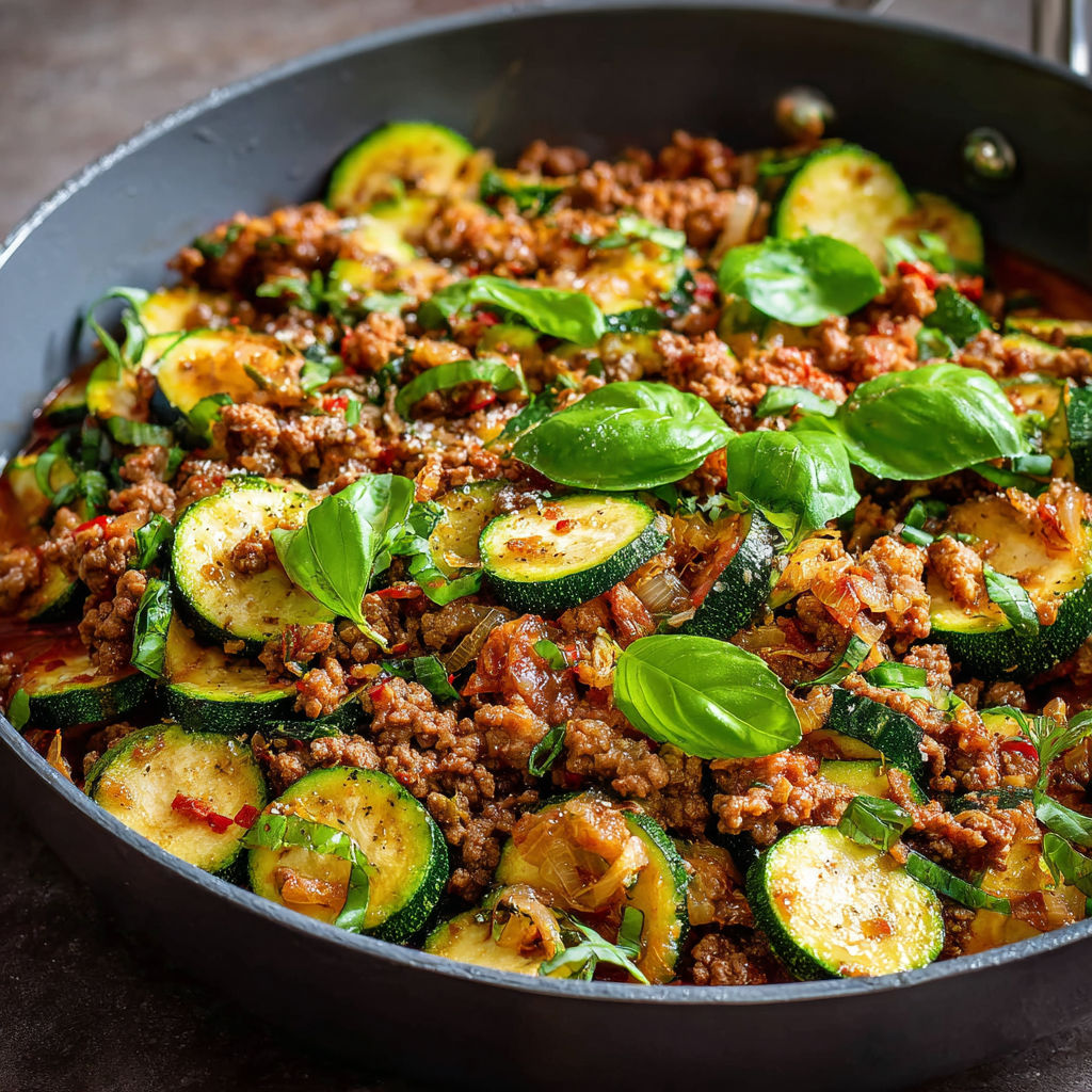 A pan of food with zucchini and meat.