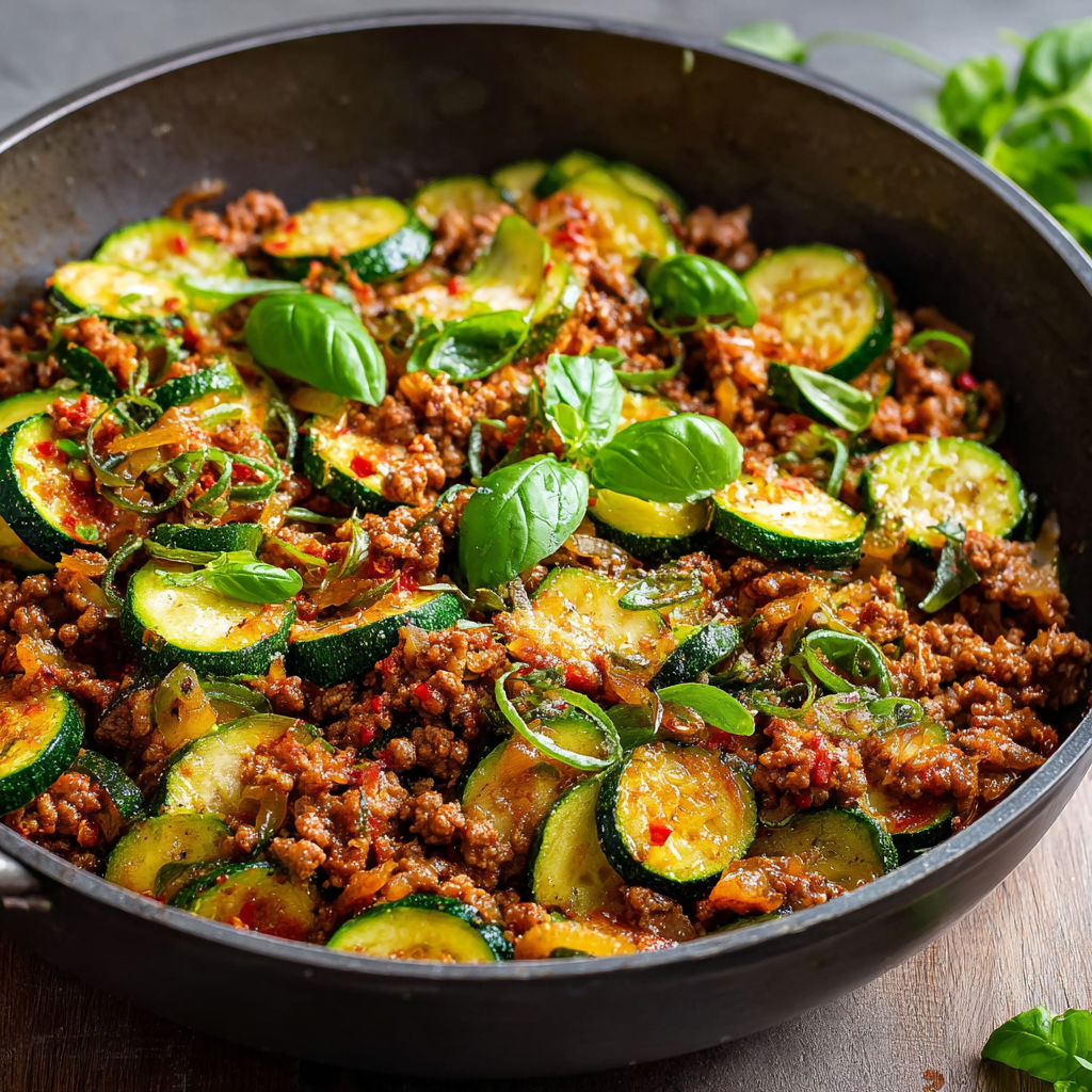 A bowl of food with zucchini and meat.