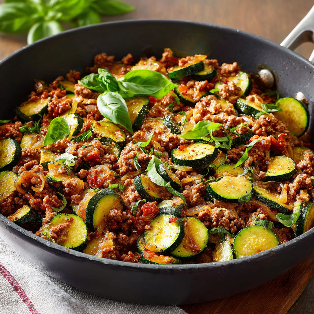 A pan of food with zucchini and meat.