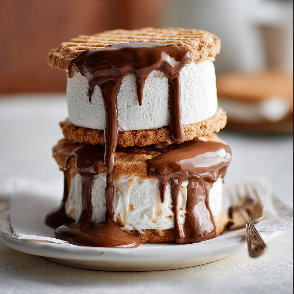 A stack of three eis-karamell-sandwiches with chai-schokosoße.