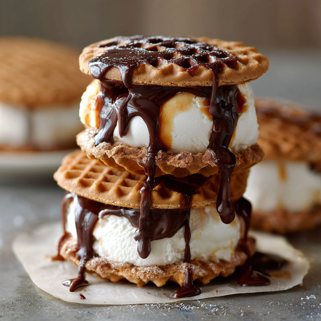 A stack of waffle sandwiches with chocolate sauce.