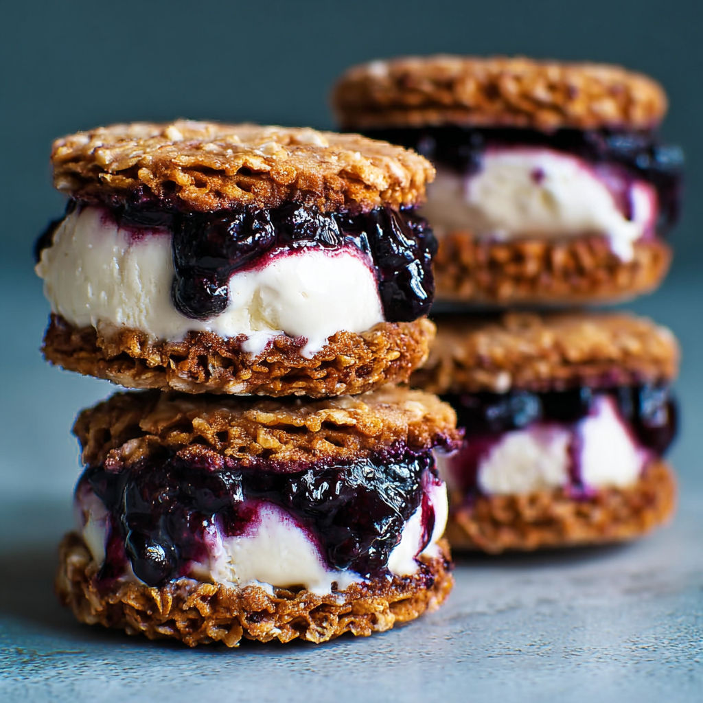 A stack of three cookies with blueberry filling.