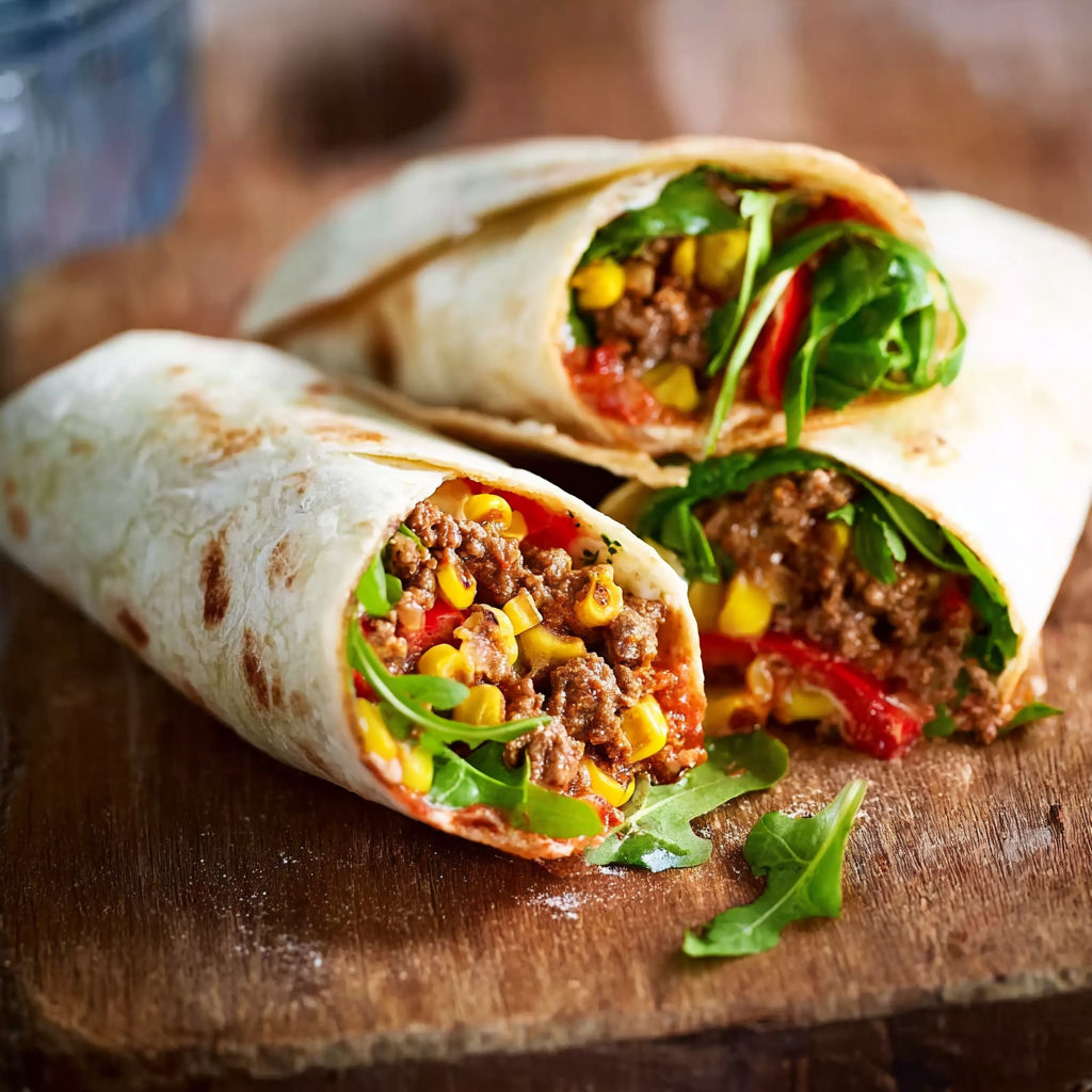 A burrito with meat and vegetables.