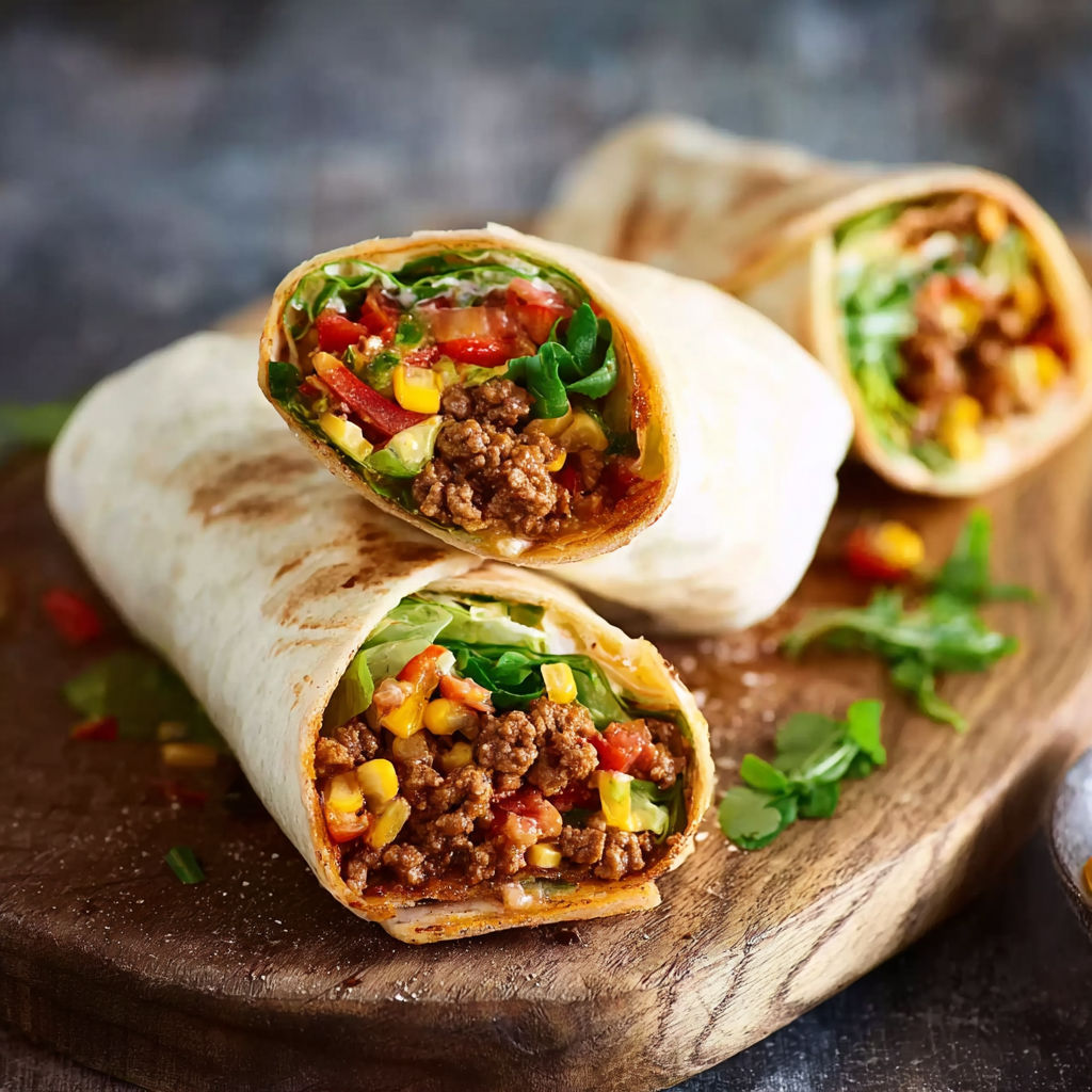 A burrito with meat and vegetables.