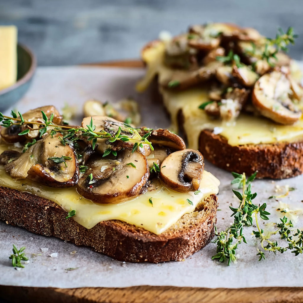Two pieces of bread with mushrooms and cheese on top.