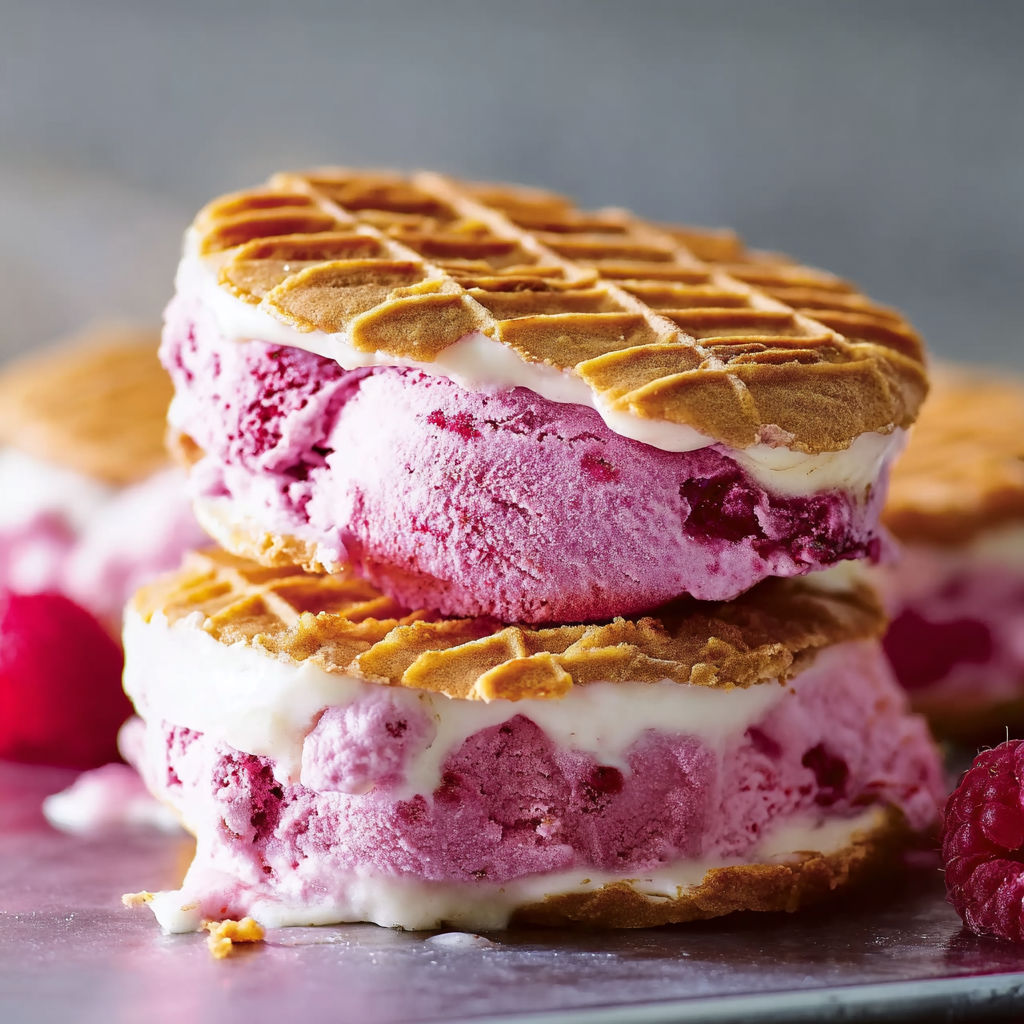 A stack of three sandwiches with waffles.