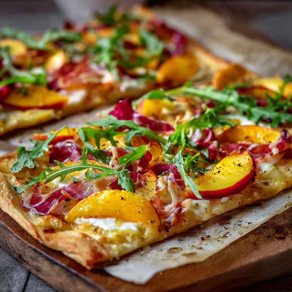 A pizza with peaches and bacon on it.