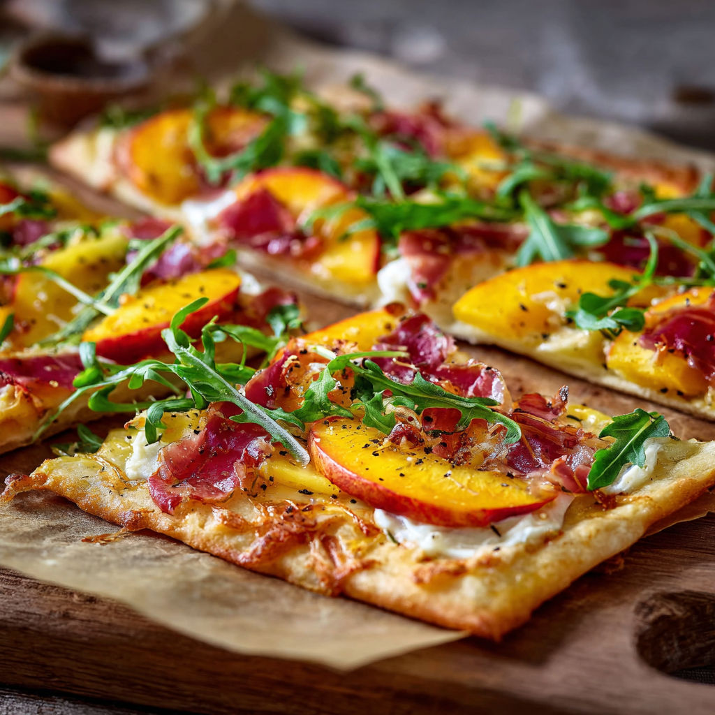A pizza with peaches and bacon on top.