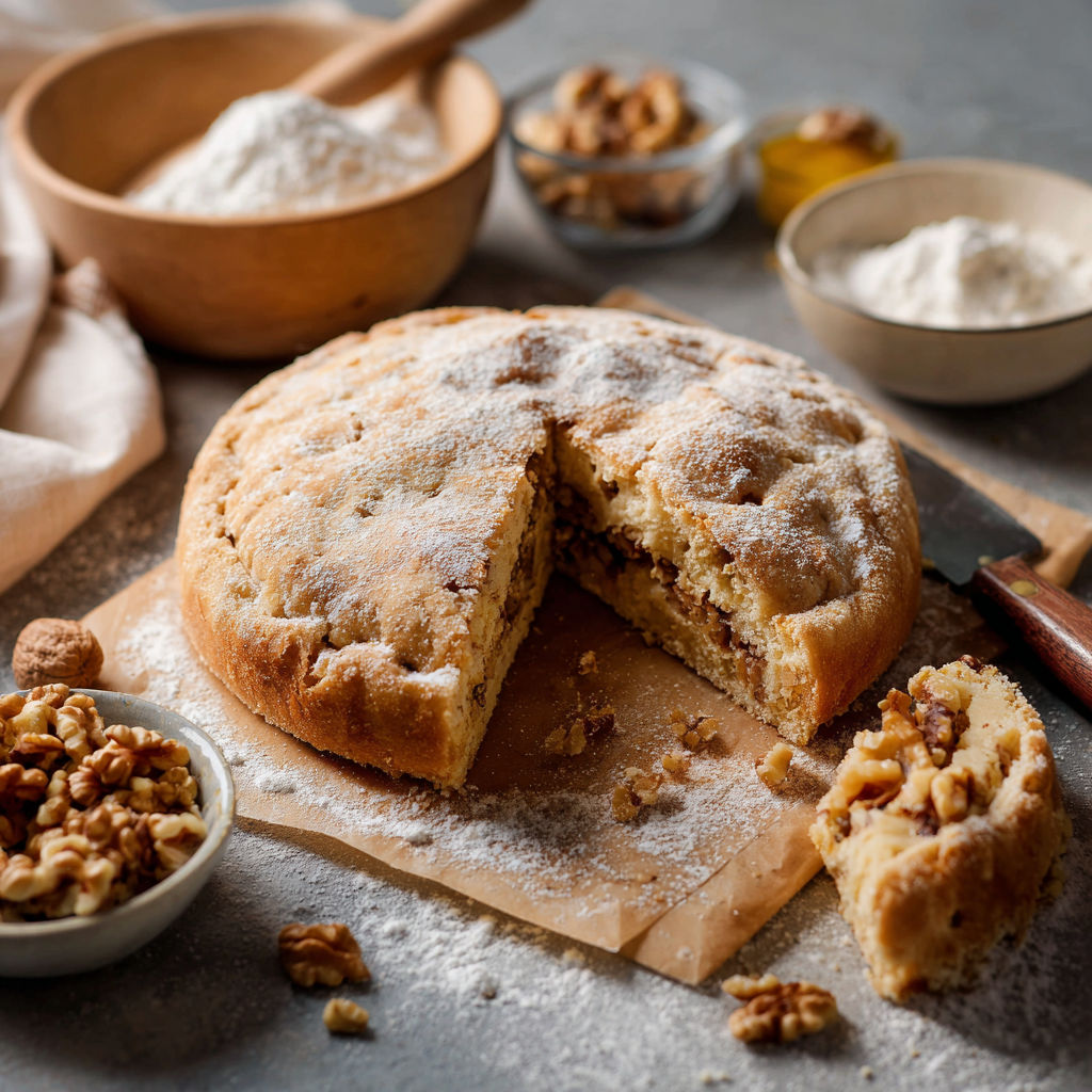 A slice of cake with powdered sugar on it.