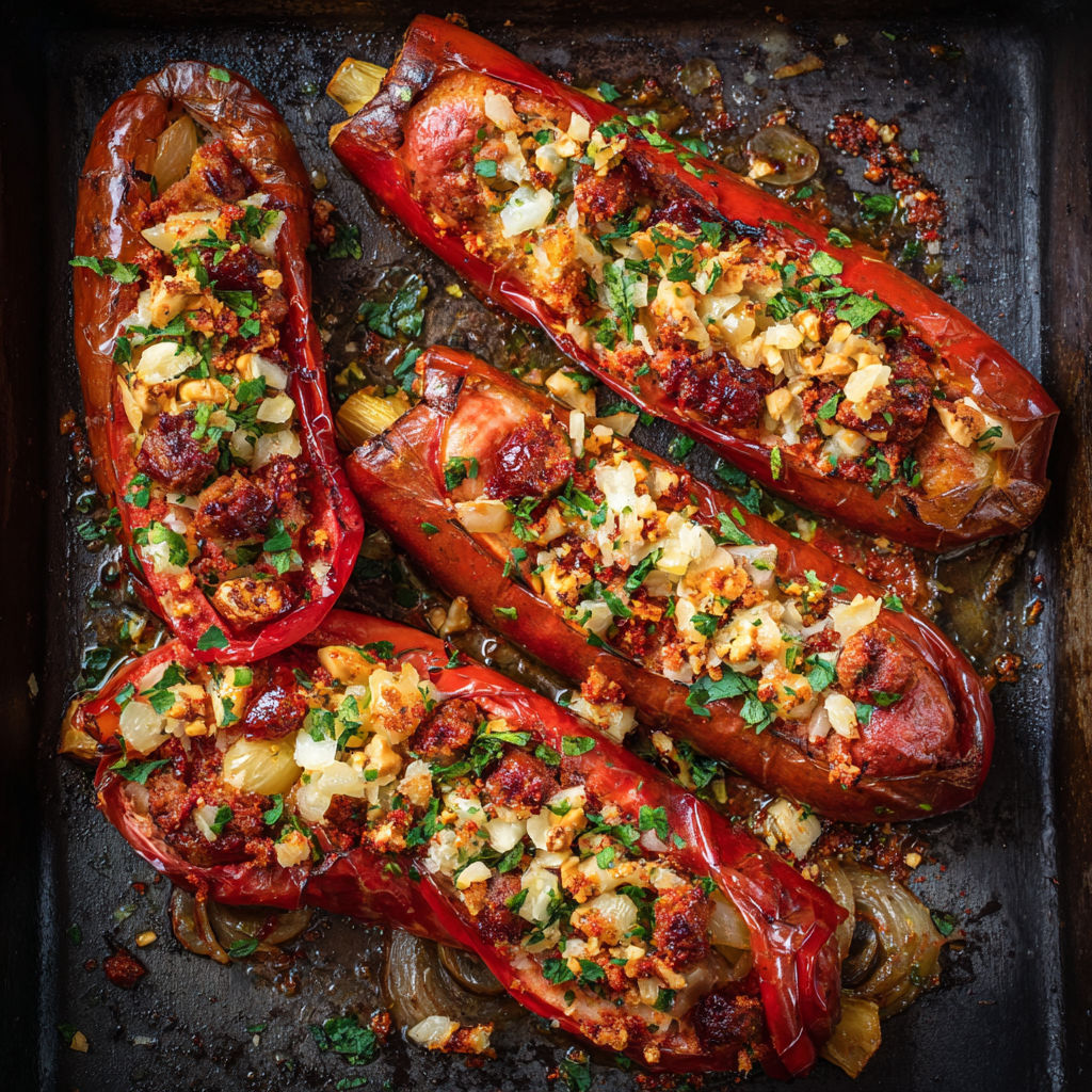 A pan of peppers with meat in them.