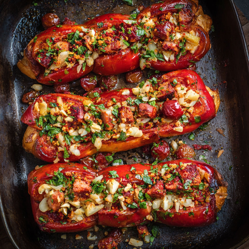 A pan of peppers with meat in them.