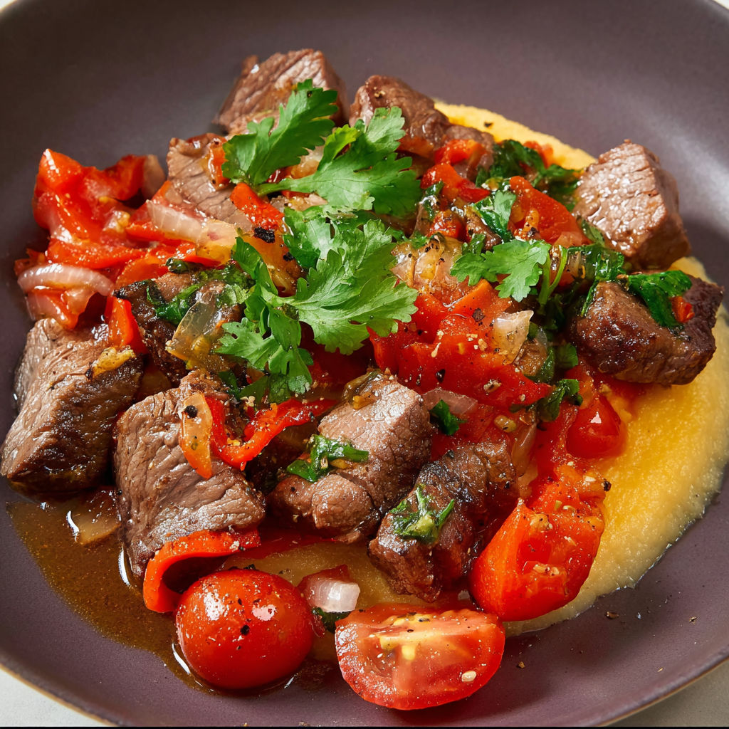A plate of meat with tomatoes and cilantro.