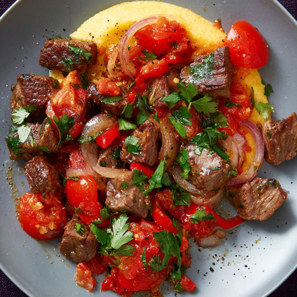 A plate of meat with tomatoes and parsley.
