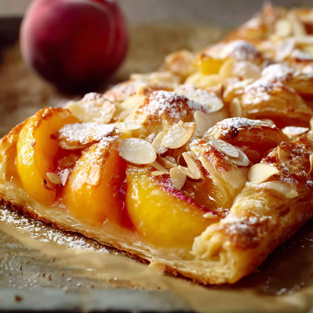 A slice of peach pastry with almonds.