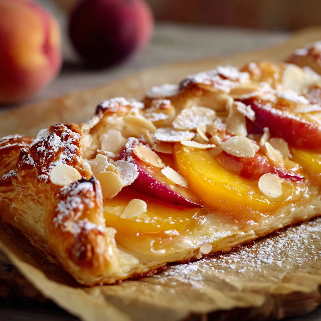 A pastry with peaches on top.