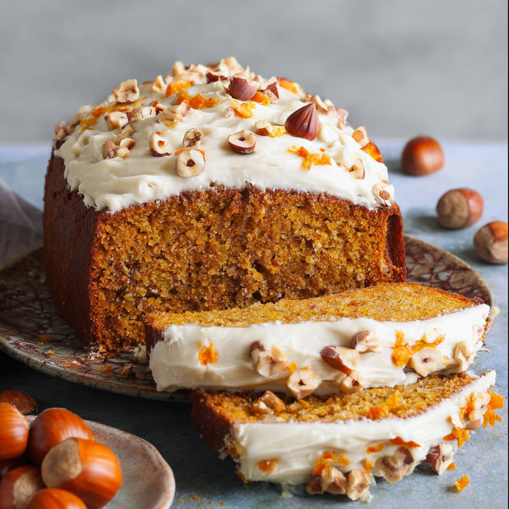 A slice of a cake with a nut topping.