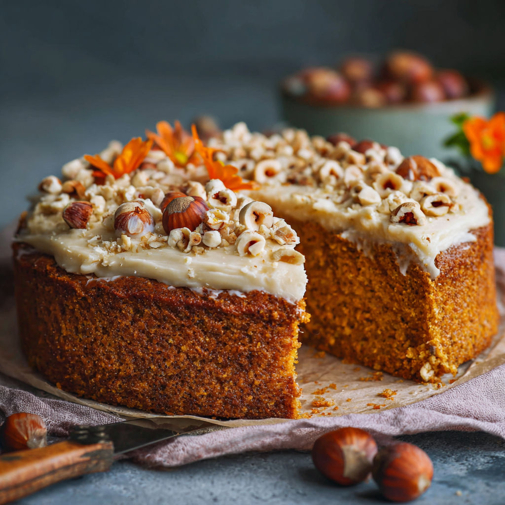 A slice of cake with nuts on top.