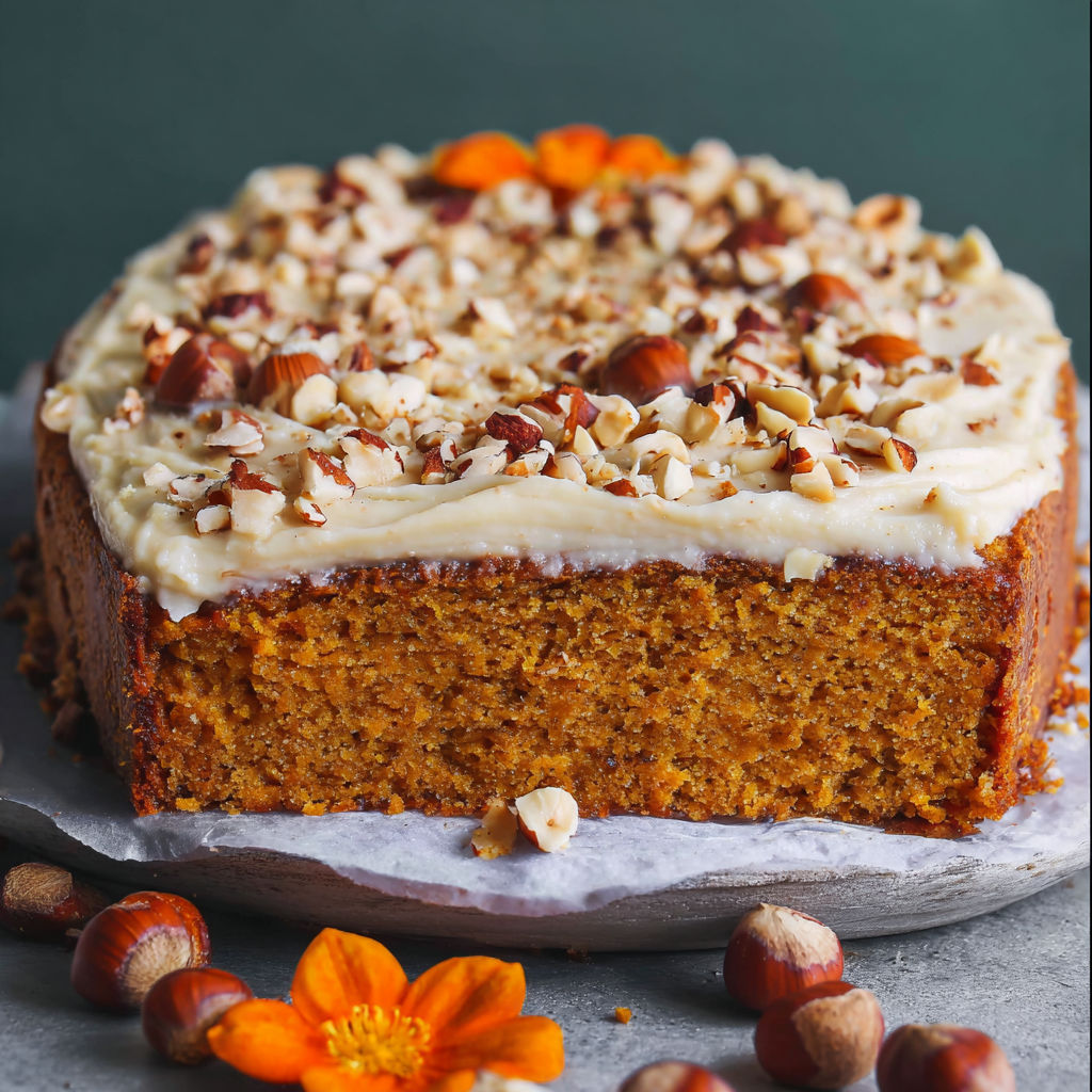 A slice of cake with nuts on top.