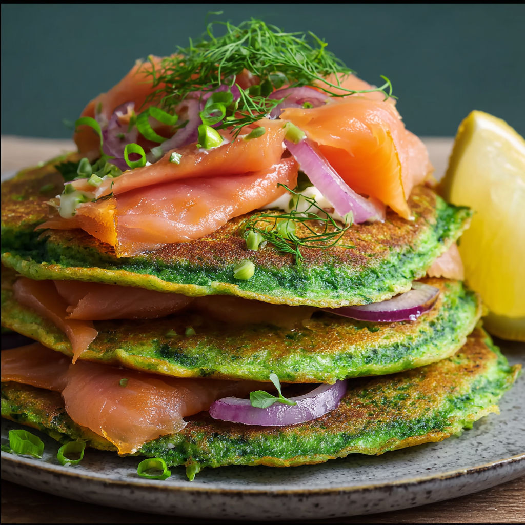 Spinach pancakes with salmon.