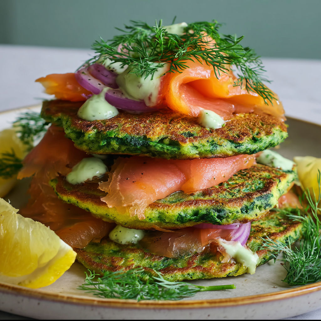 Spinach pancakes with salmon on top.