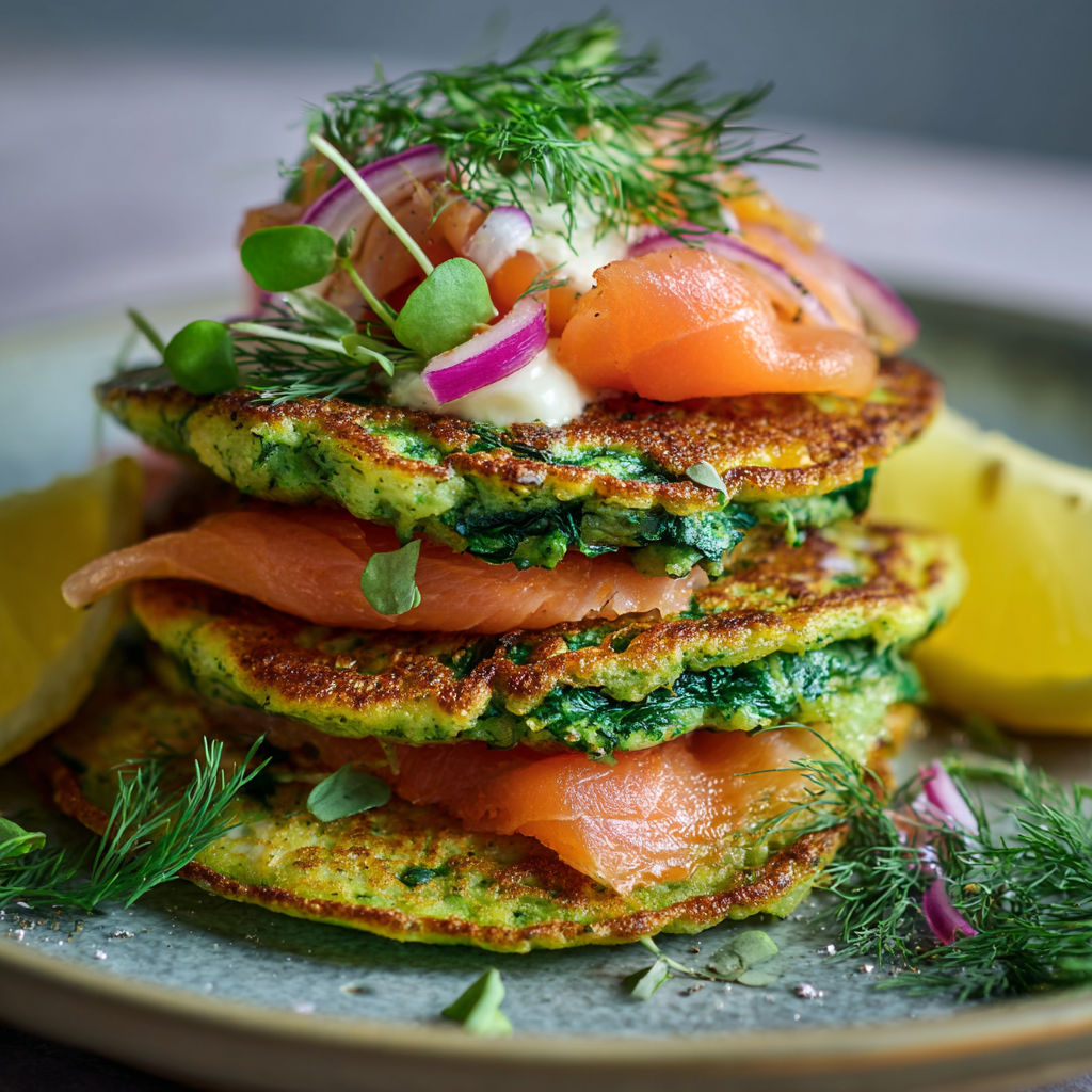 Spinach pancakes with salmon.