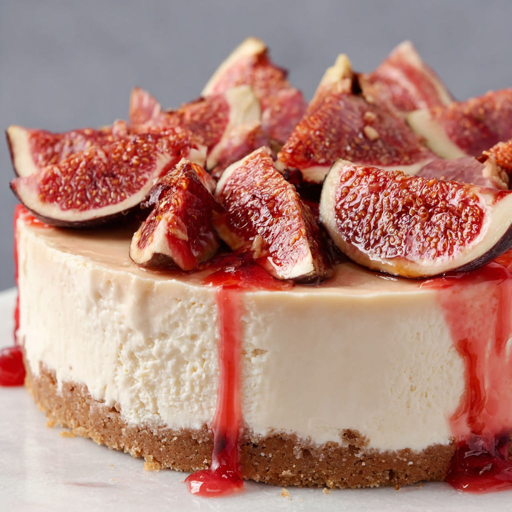 A slice of cheesecake with figs on top.