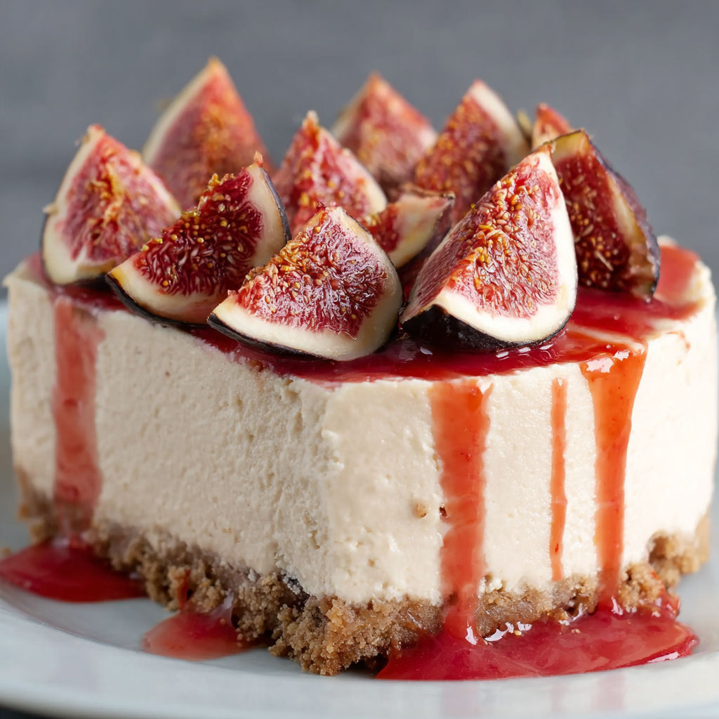 A slice of Erdnussbutter-Cheesecake mit Feigen.