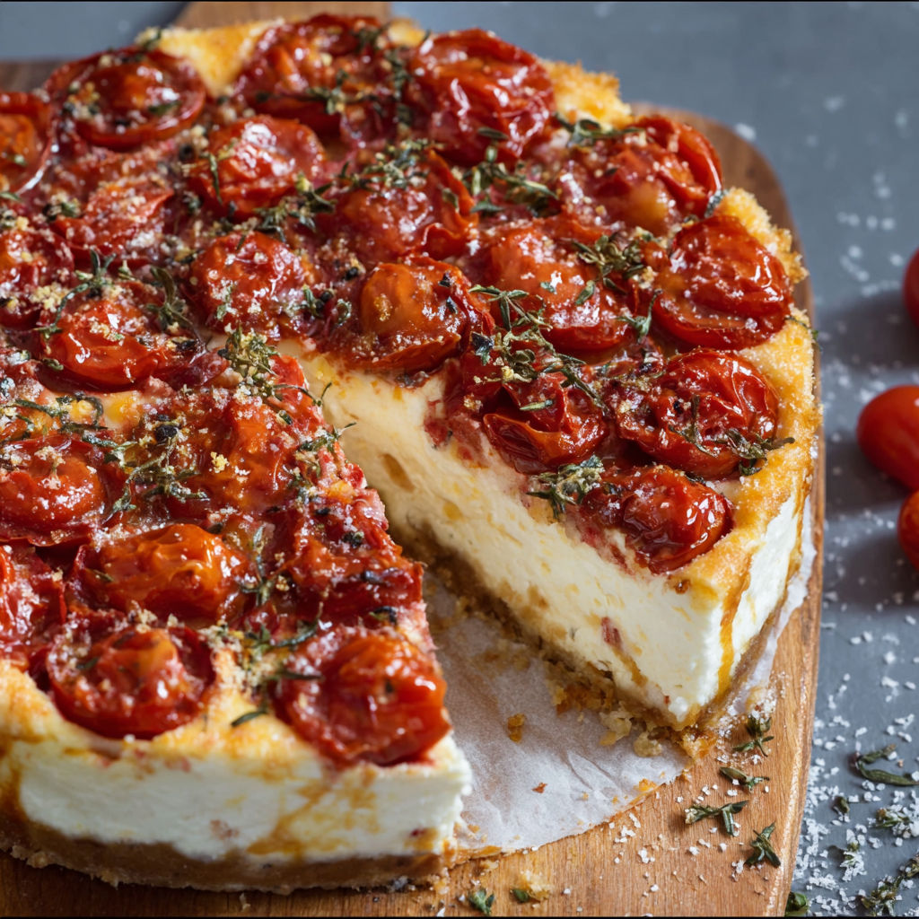 A slice of spicy cheesecake with tomatoes.