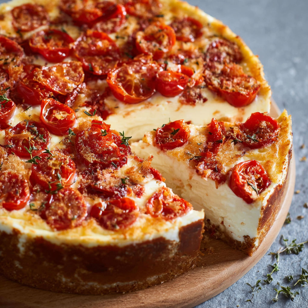 A slice of spicy cheesecake with tomatoes.