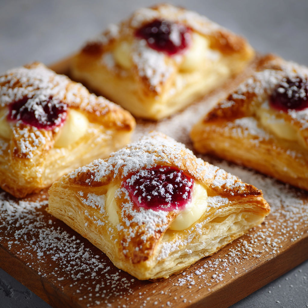 A plate of pastries with jelly and powdered sugar.